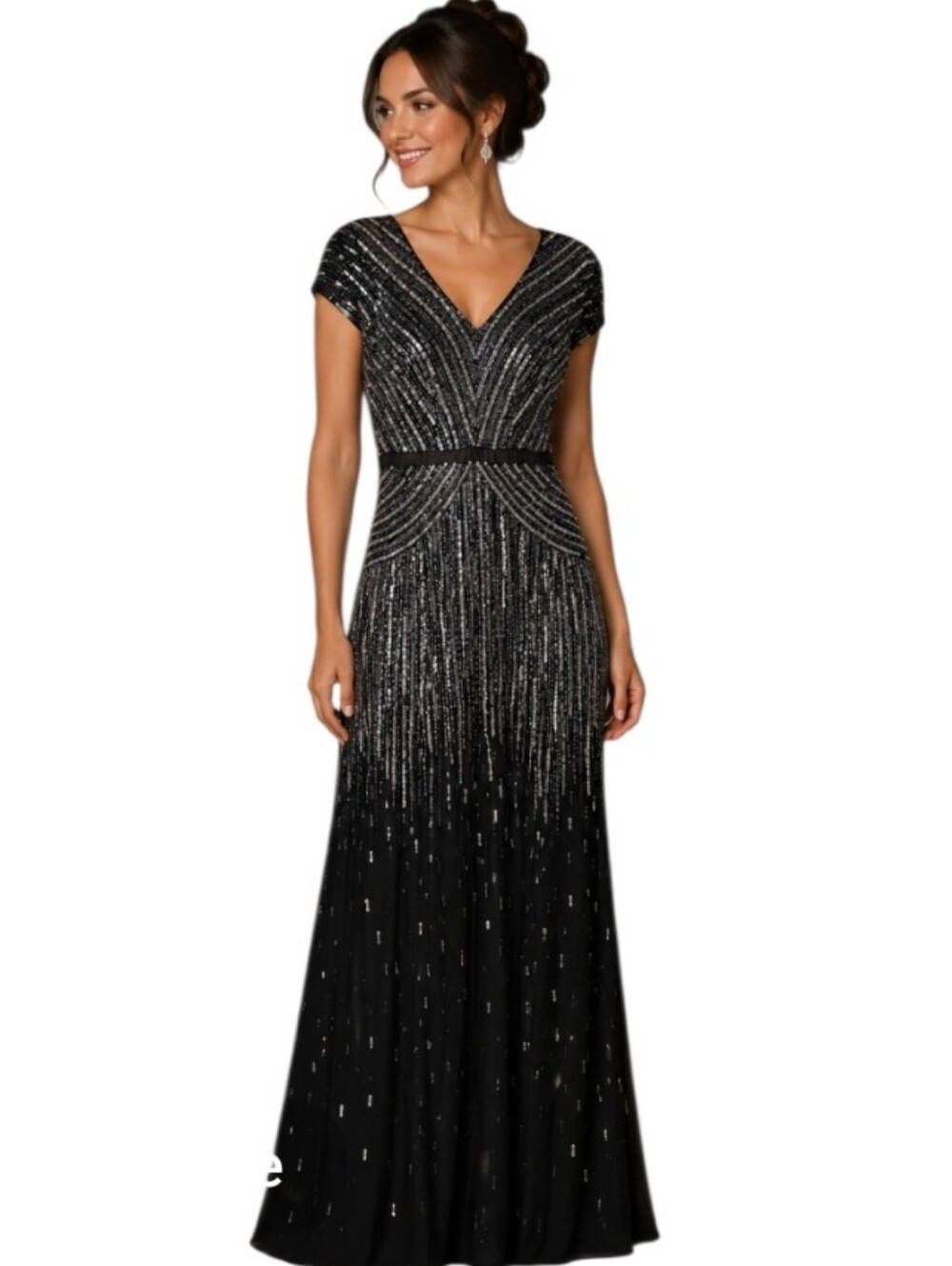 Adrianna Papell Gunmetal Sequined & Beaded Gown - 8.         Y53